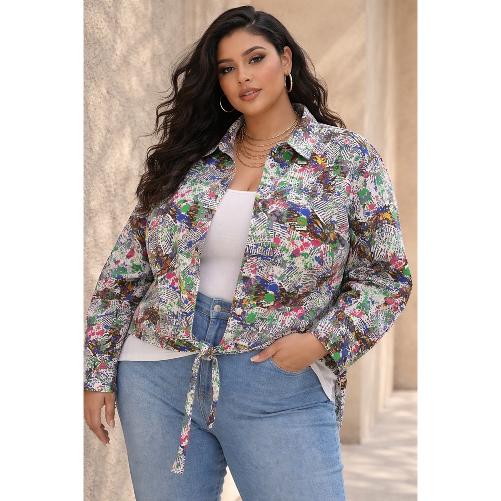 Thrill Graphic Artsy Jacket Women's 3X Cotton Tie Front Statement Top Streetwear